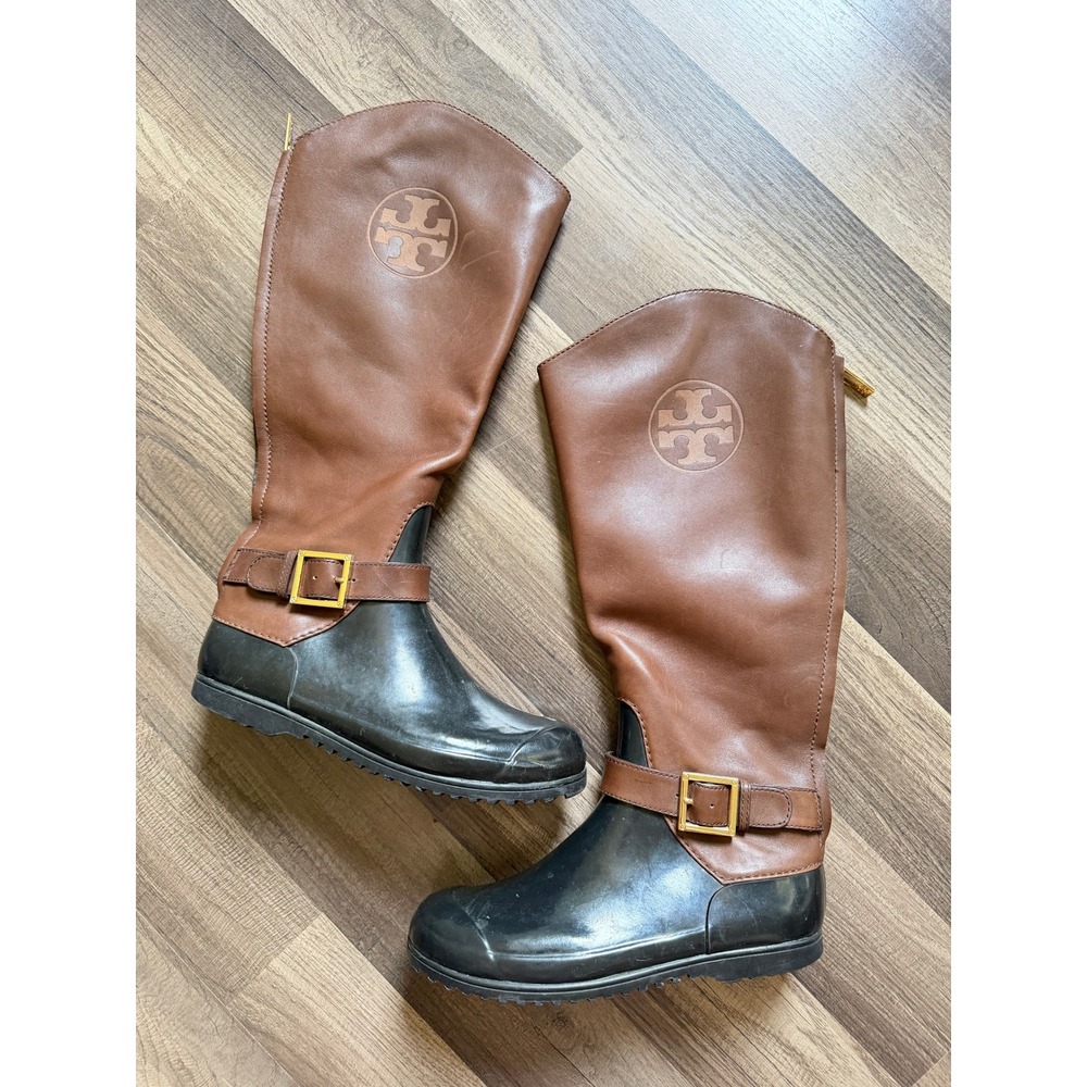 Tory Burch Rain Boots Womens Brown Black Good Tall Leather Rubber Logo Buckle